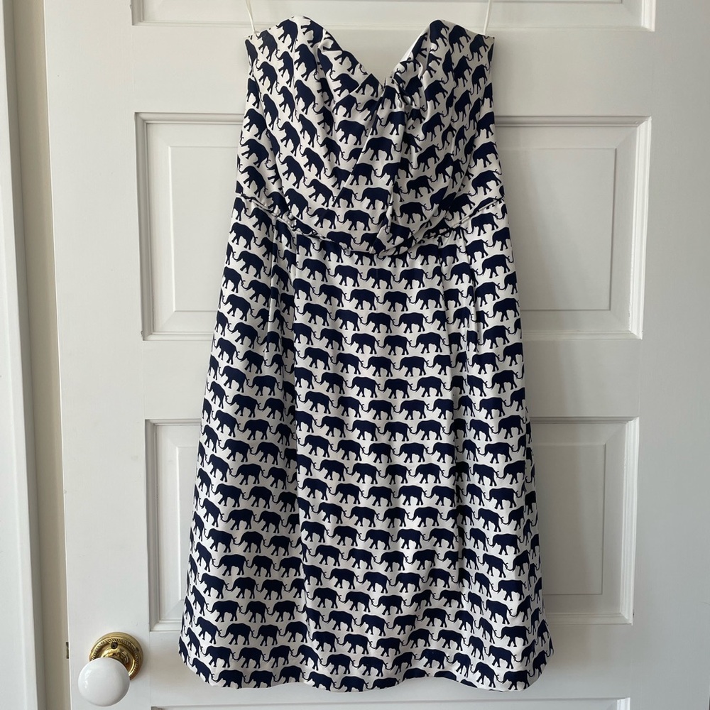 Elizabeth McKay silk navy and white elephant pattern dress, size 4